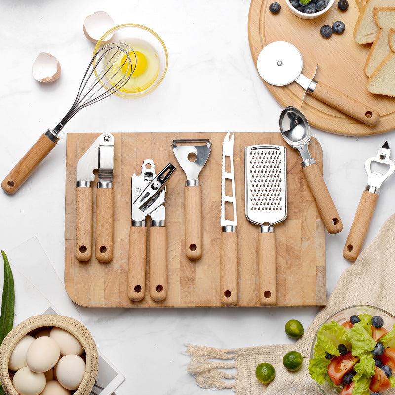 Download main imagesDownload variant imagesDownload description imagesKitchen Tool Wooden Handle Stainless Steel Multifunctional Kitchen Accessories Set Simple Modern Style Home Baking Supplies