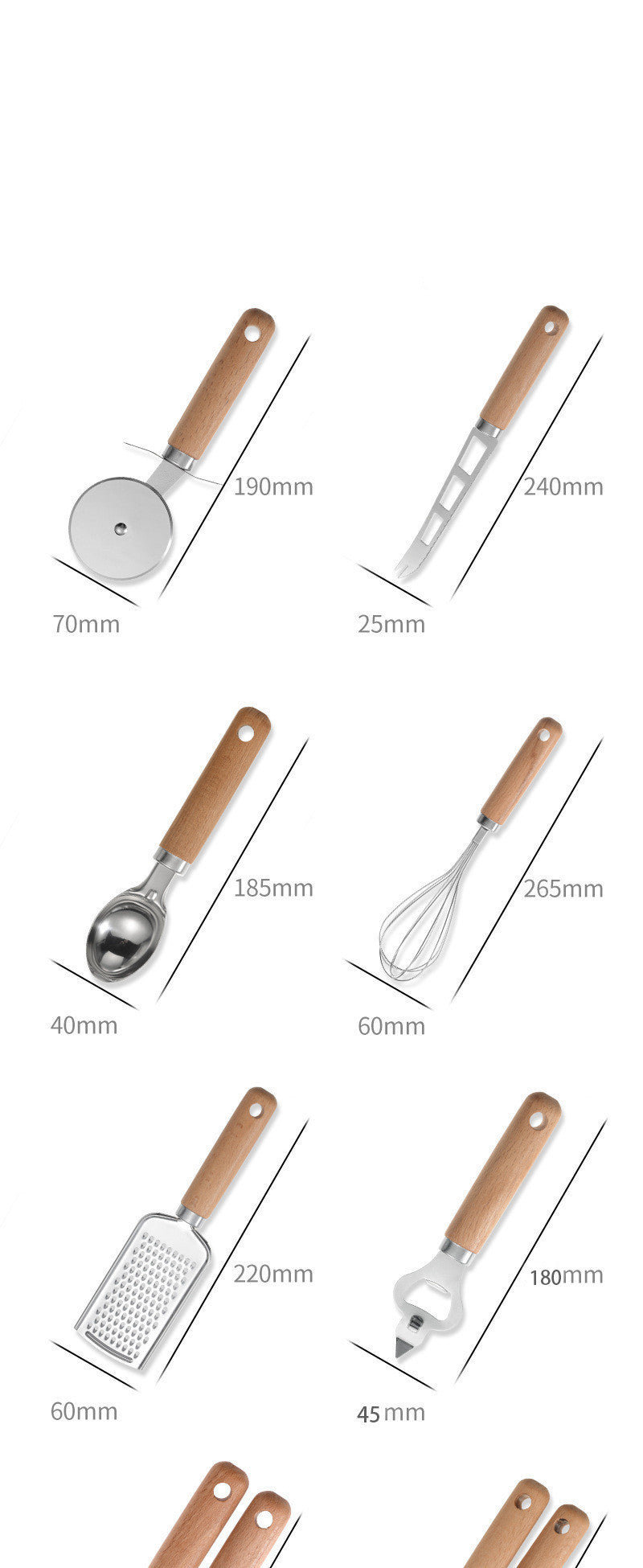 Download main imagesDownload variant imagesDownload description imagesKitchen Tool Wooden Handle Stainless Steel Multifunctional Kitchen Accessories Set Simple Modern Style Home Baking Supplies