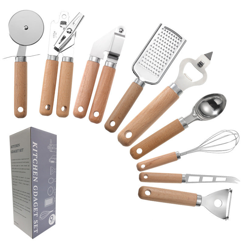 Download main imagesDownload variant imagesDownload description imagesKitchen Tool Wooden Handle Stainless Steel Multifunctional Kitchen Accessories Set Simple Modern Style Home Baking Supplies